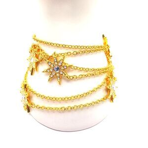 Gold Multi Strand Rhinestone Star Statement Bracelet